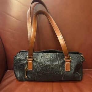 Fossil Black Embossed Leather Shoulder Bag with Brown Straps